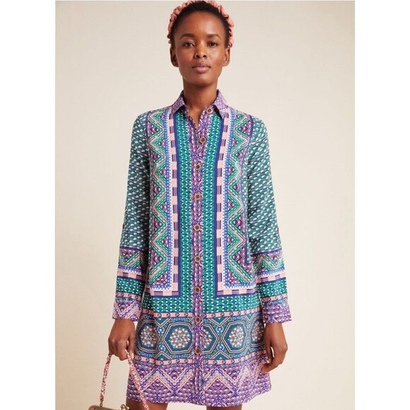 ANTHROPOLOGIE Maeve Casablanca Silk Shirtdress Size 6 Petite Button Mini - Picture 1 of 8
